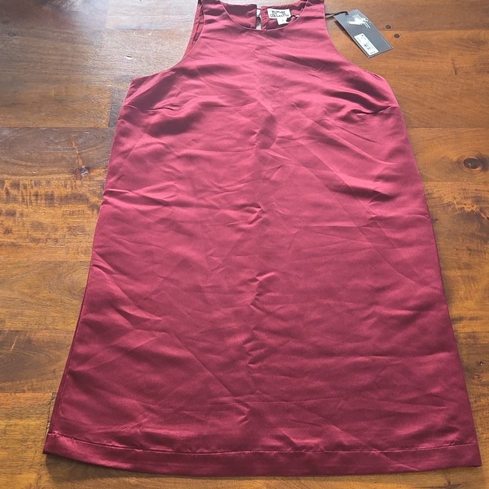 NWT Future Collective Burgundy Satin Sleeveless Sheath Dress Size Small